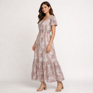 Solitaire Pastel Floral Maxi Dress Size L Eyelet Lace Peasant Cottage GardenGirl